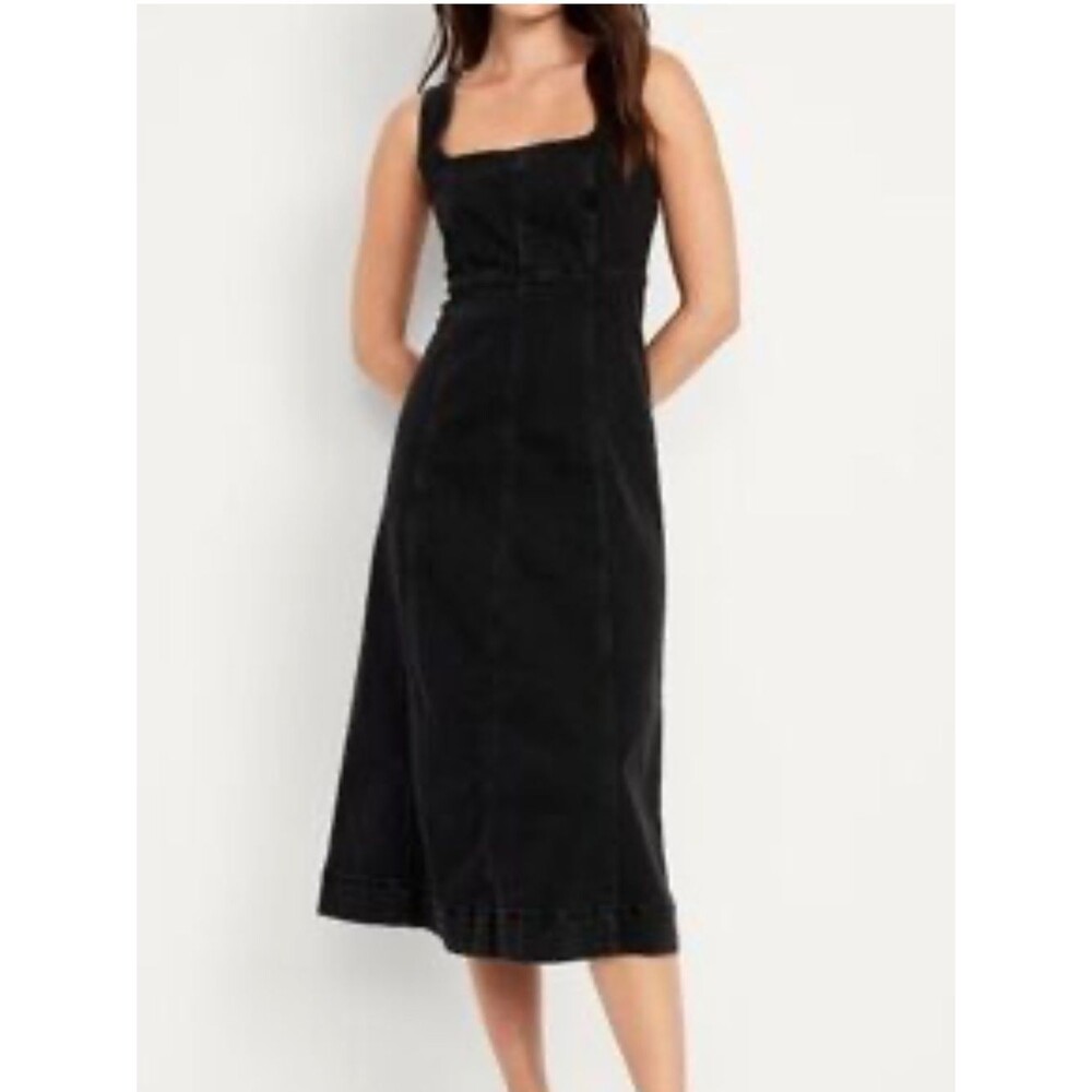 Old Navy Black Square-Neck denim grunge gothic Midi Dress with Wide Straps